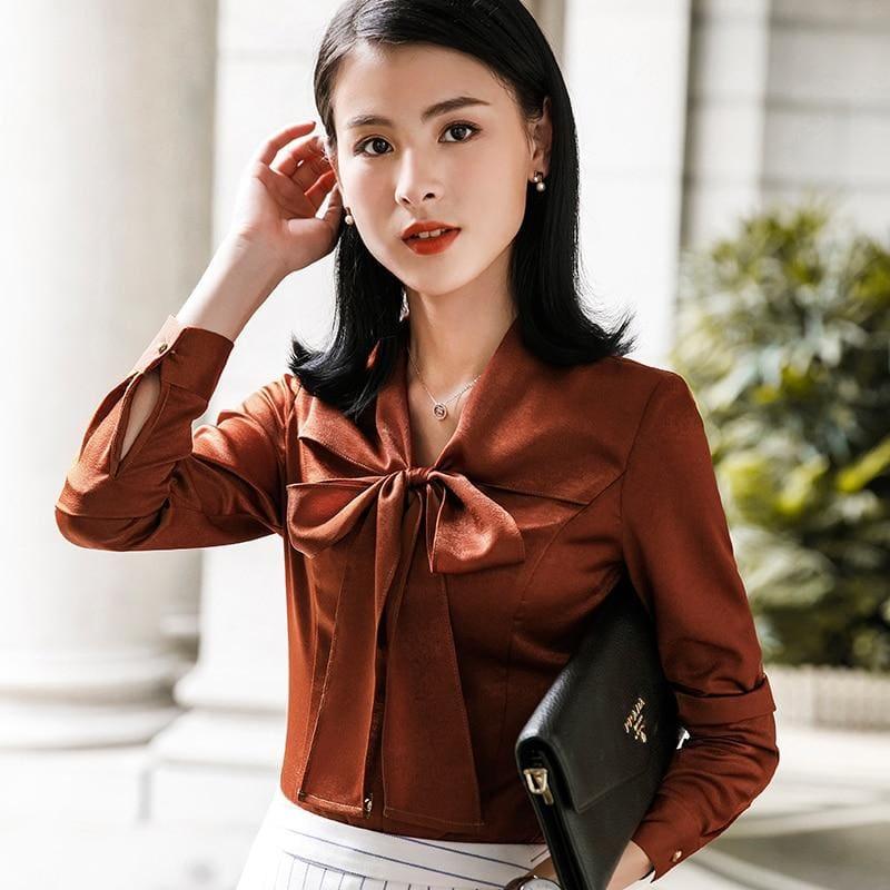 Tie Front Blouse Work Wear Ruffle Tops Chemise - Long Sleeve