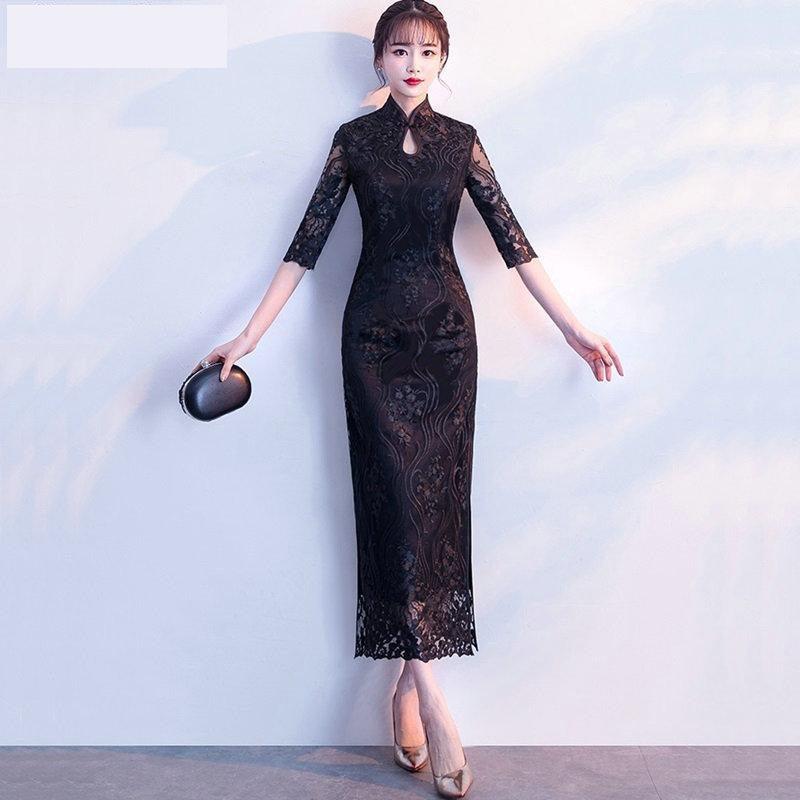 Traditional Black Qipao Sexy Cheongsam Jacquard Chinese Fashion Dress - TeresaCollections