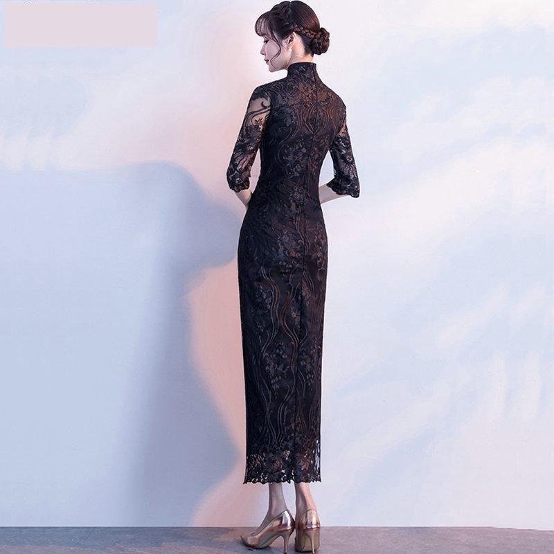 Traditional Black Qipao Sexy Cheongsam Jacquard Chinese Fashion Dress - TeresaCollections