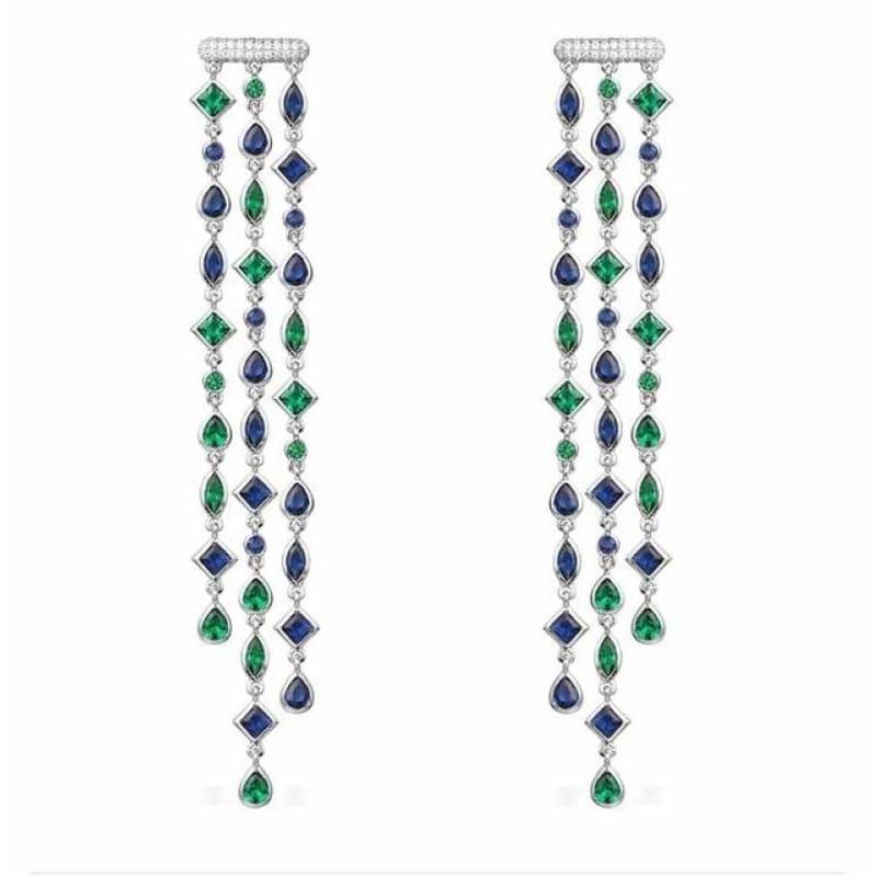 Trendy Long Geometry Tassels Drop Cubic Zirconia Drop Earrings - Blue Green - earrings
