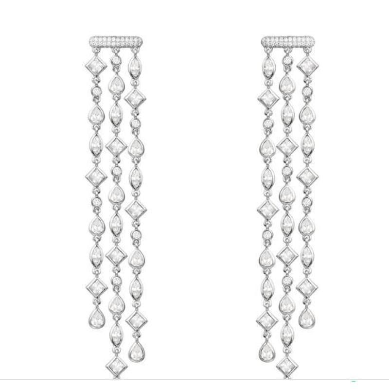 Trendy Long Geometry Tassels Drop Cubic Zirconia Drop Earrings - White - earrings