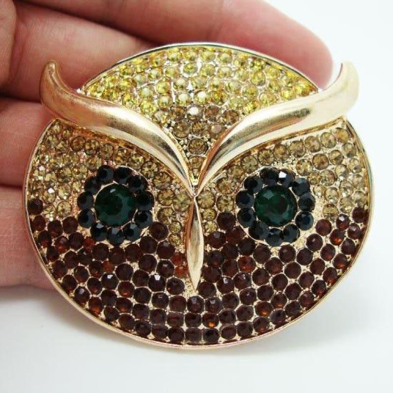TTjewelry Classic Brown Owl Bird Gold Tone Brooch Pin Pendant Jewelry Crystal Rhinestones - Default title - brooch