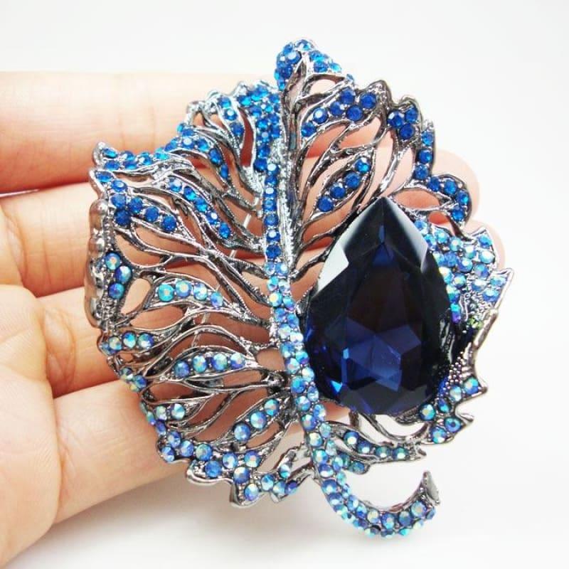 TTjewelry Classic Woman Jewelry Leaves Drop Brooch Pin Pendant Blue Rhinestone Crystal - Default title - Brooch