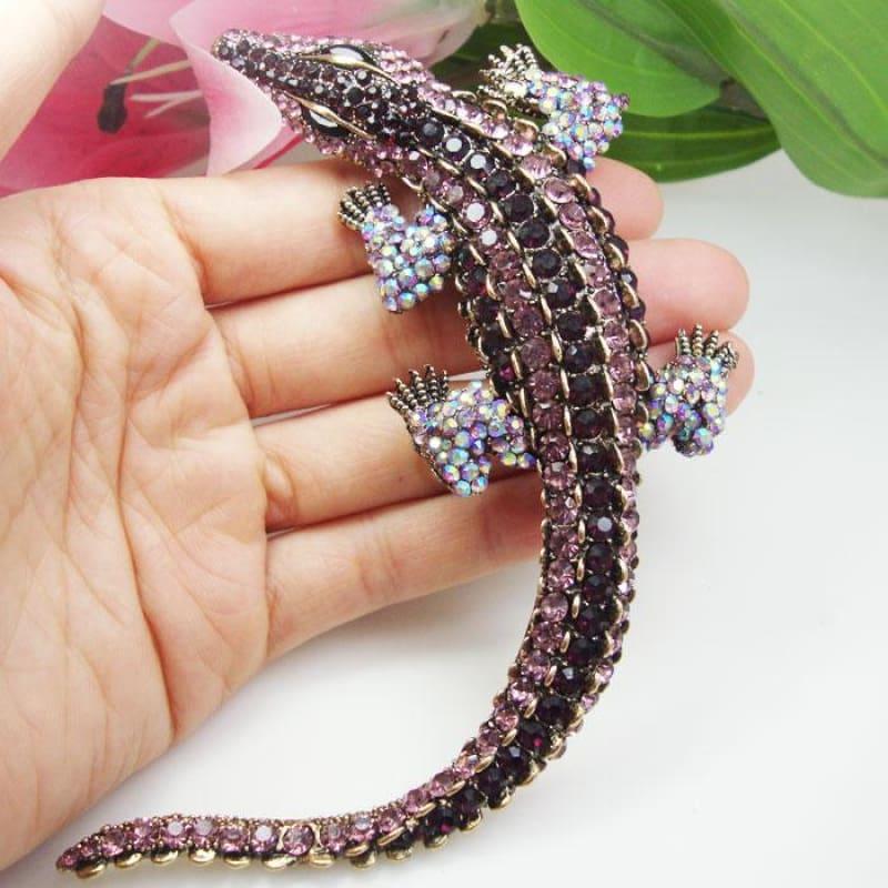 TTjewelry High Quality Fashion Luxury Crocodile Animal Purple Rhinestone Crystal Pendant Brooch Pin - Brooch