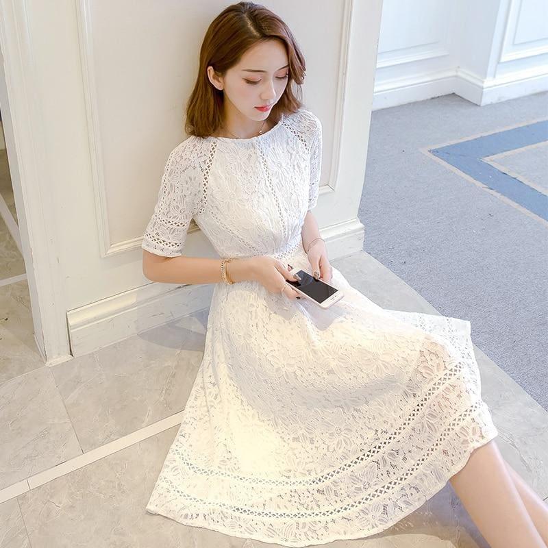 Tunic Flora Cotton Hollow Embroidery Short Sleeve Midi Dress - Midi Dress