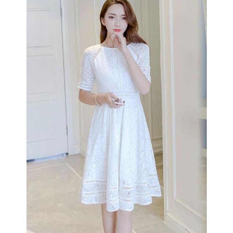 Tunic Flora Cotton Hollow Embroidery Short Sleeve Midi Dress - White / S - Midi Dress