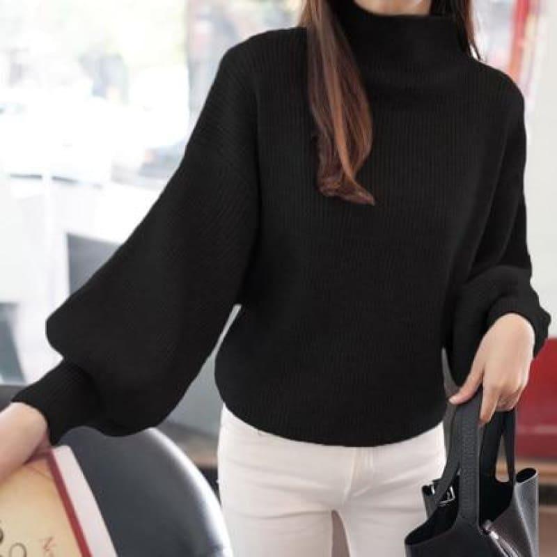 Turtleneck Batwing Sleeve Pullovers Loose Knitted Sweater Top - Black / One Size - Long Sleeve