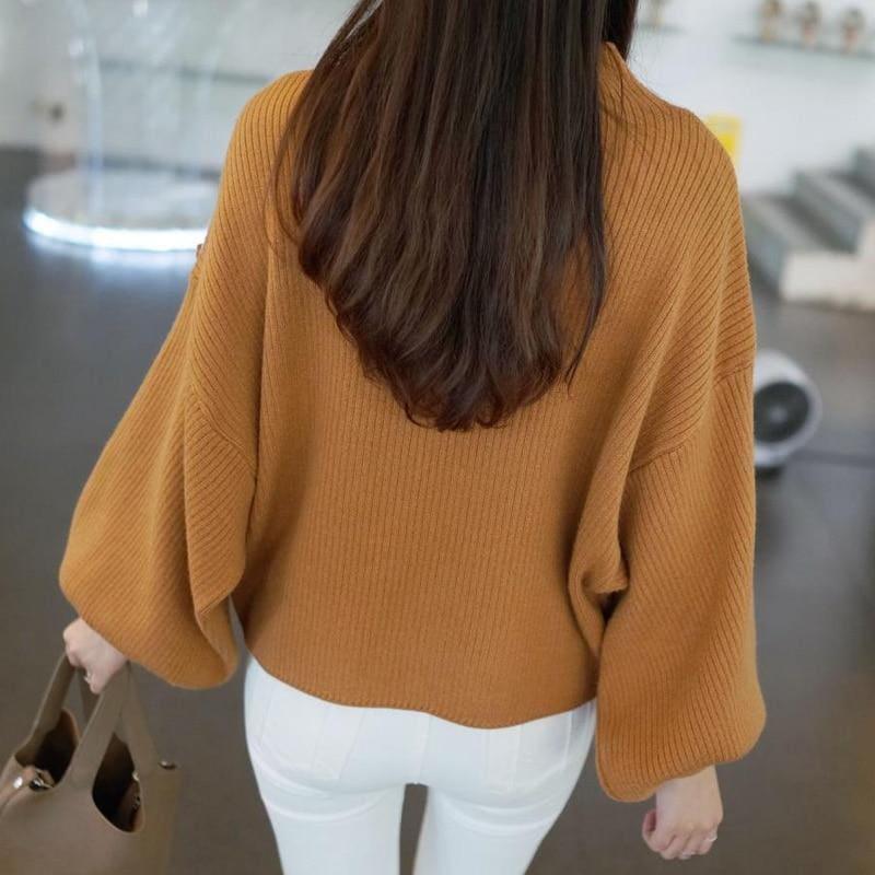 Turtleneck Batwing Sleeve Pullovers Loose Knitted Sweater Top - Long Sleeve