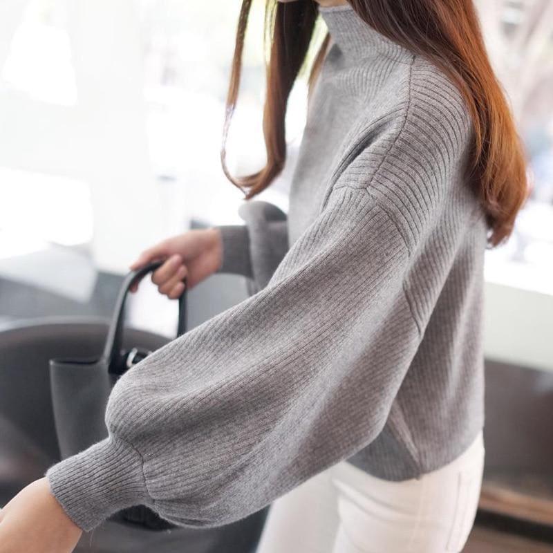 Turtleneck Batwing Sleeve Pullovers Loose Knitted Sweater Top - Long Sleeve