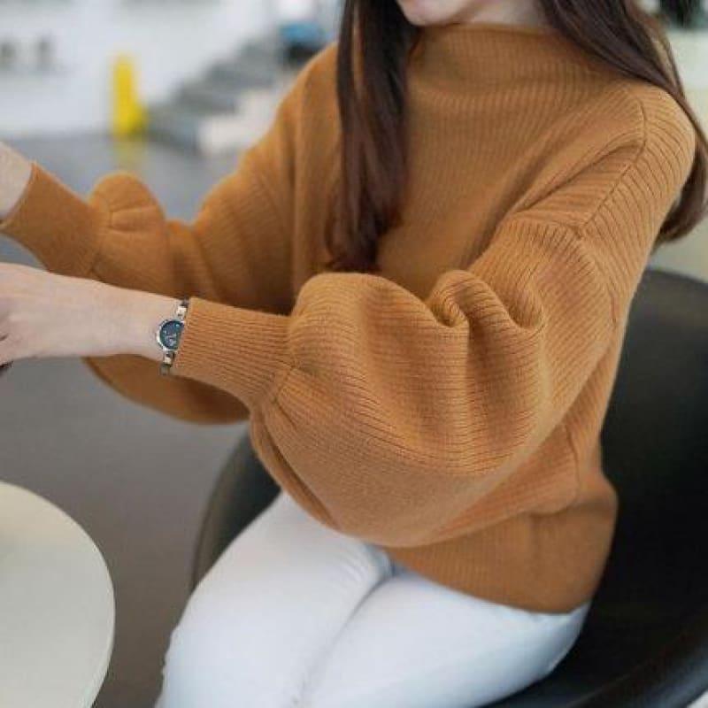 Turtleneck Batwing Sleeve Pullovers Loose Knitted Sweater Top - Orange / One Size - Long Sleeve