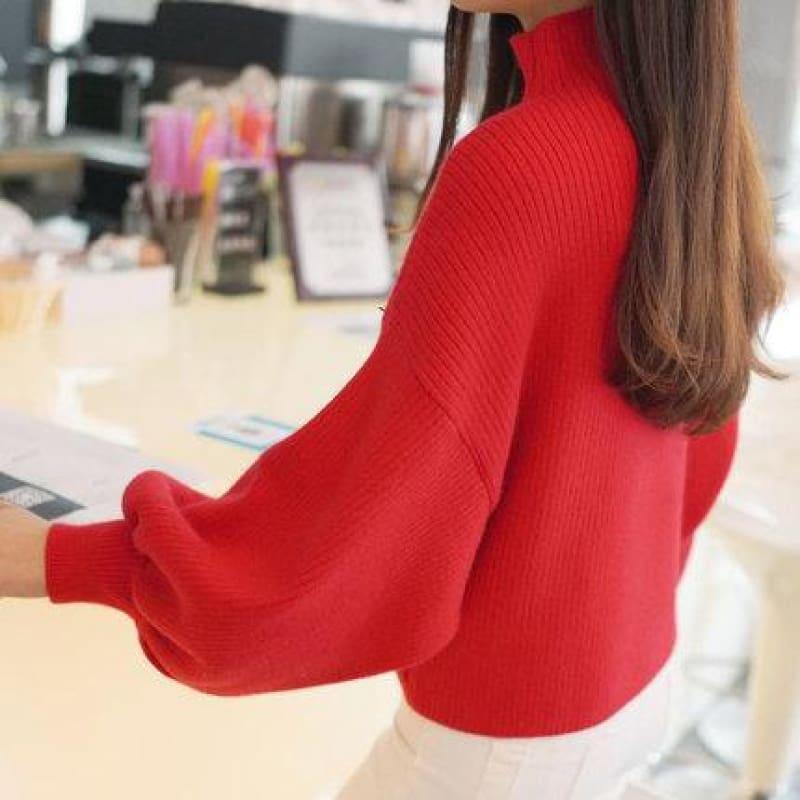 Turtleneck Batwing Sleeve Pullovers Loose Knitted Sweater Top - Red / One Size - Long Sleeve