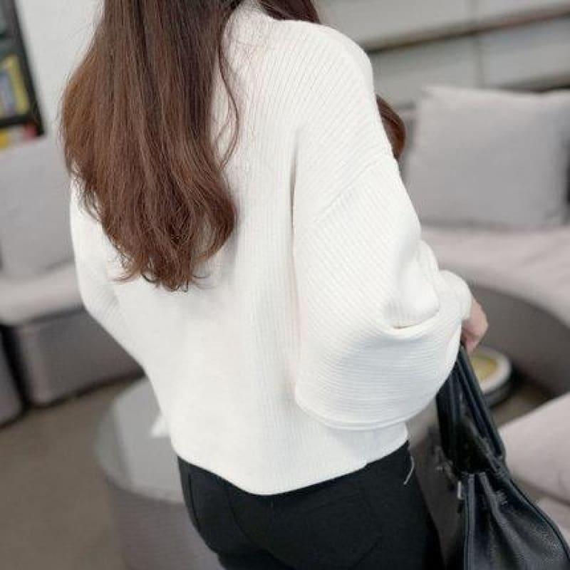 Turtleneck Batwing Sleeve Pullovers Loose Knitted Sweater Top - White / One Size - Long Sleeve