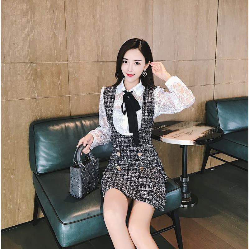 Tweed Vest Dress Double Breasted Overalls 2 Piece Set Ruffles Bow Shirt Lace Top+Plaid Streetwear - Set