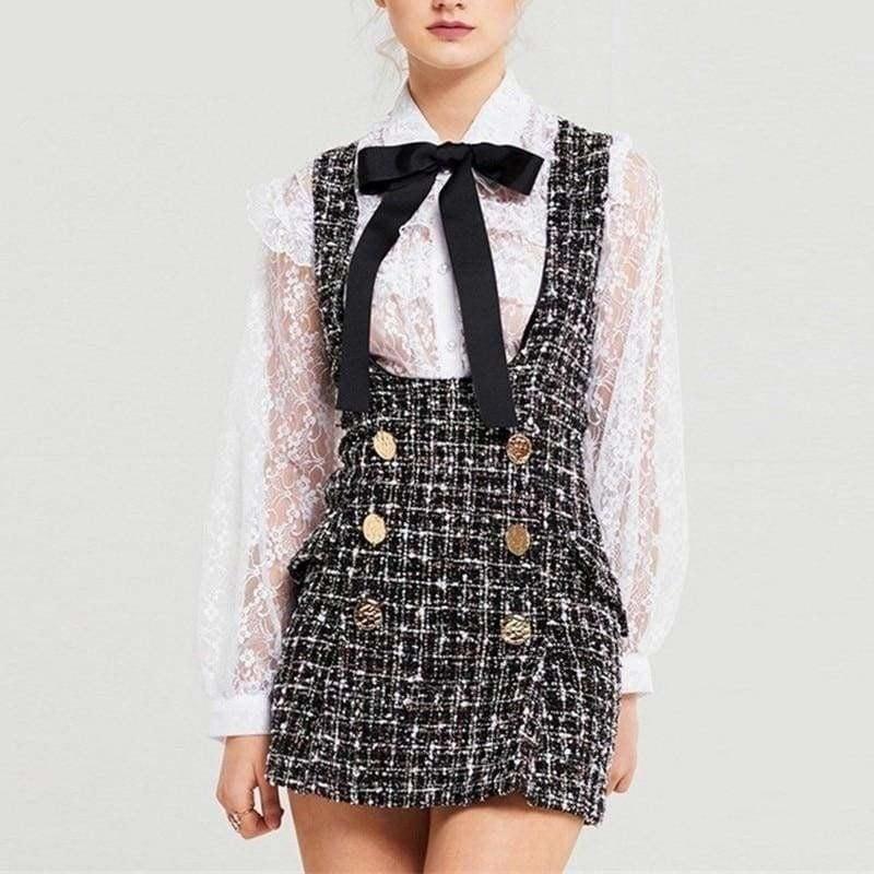 Tweed Vest Dress Double Breasted Overalls 2 Piece Set Ruffles Bow Shirt Lace Top+Plaid Streetwear - Set