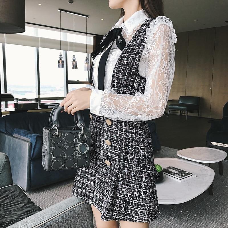 Tweed Vest Dress Double Breasted Overalls 2 Piece Set Ruffles Bow Shirt Lace Top+Plaid Streetwear - Set