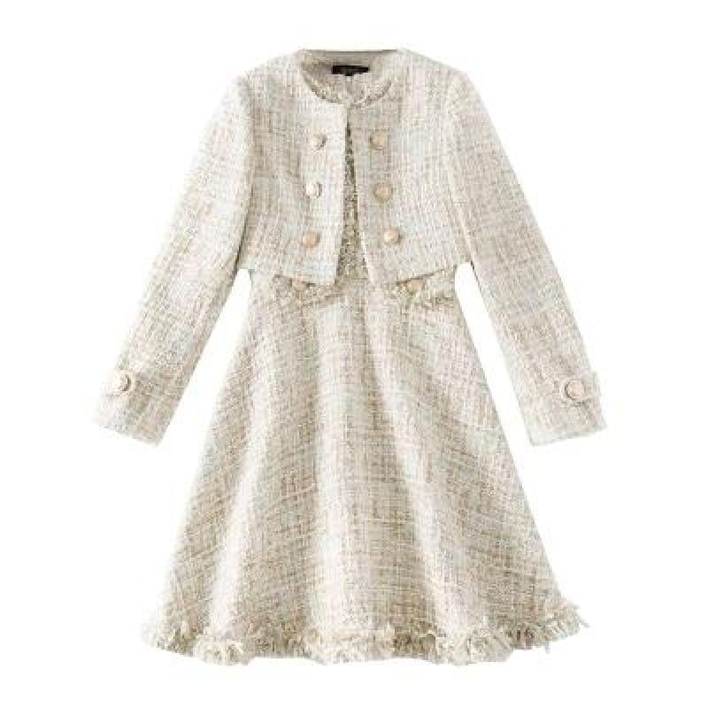 Tweed Wool Jacket Sleeveless Dress Twin Set Ladies Woolen Tassel Dress Midi Dress - Cream / S - Mid Length