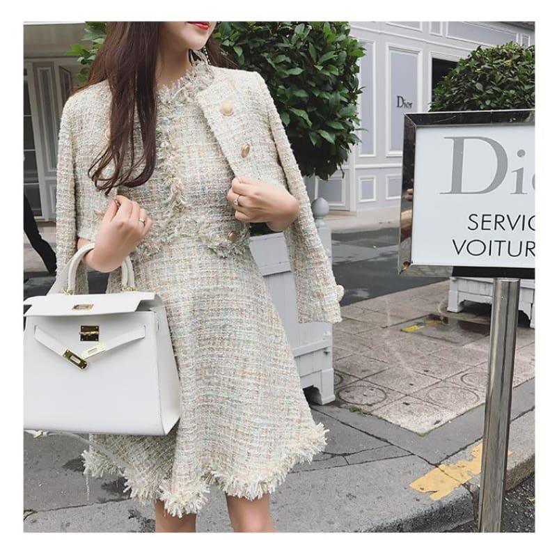 Tweed Wool Jacket Sleeveless Dress Twin set Ladies Woolen Tassel Dress Midi Dress - mid length