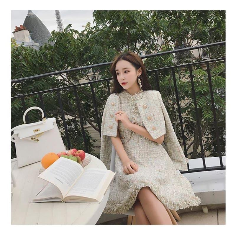 Tweed Wool Jacket Sleeveless Dress Twin Set Ladies Woolen Tassel Dress Midi Dress - Mid Length