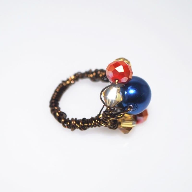 Two beads blue and red bronze wire ring - Handmade