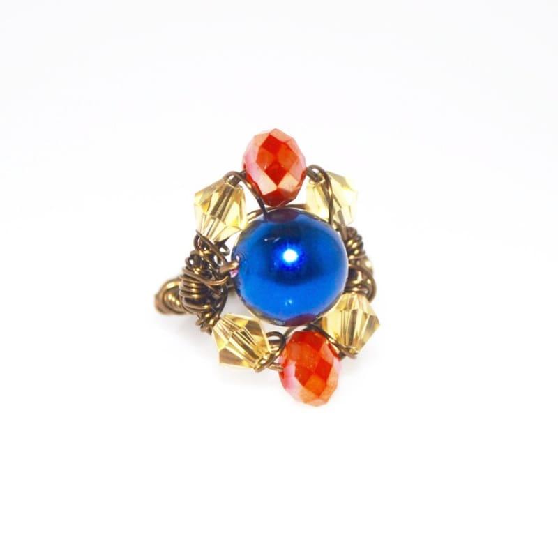 Two beads blue and red bronze wire ring - Handmade