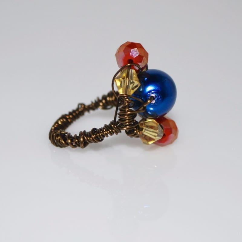 Two beads blue and red bronze wire ring - Handmade