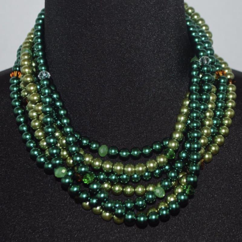 Two Toned Green Multi Strands Glass Pearls With Crystals Womens Necklace - Handmade