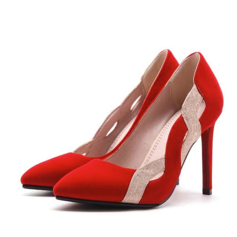Two Toned Pointed Toe Shallow Elegant High Heels Pump - Red / 6 - Pumps