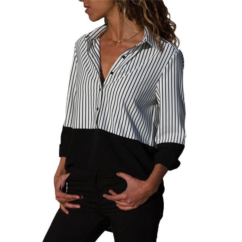 Two Toned Striped Long Sleeve Turn Down Collar Blouse - Black / L - Long Sleeve