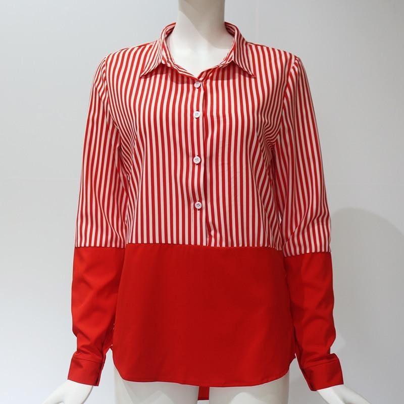 Two Toned Striped Long Sleeve Turn Down Collar Blouse - Long Sleeve