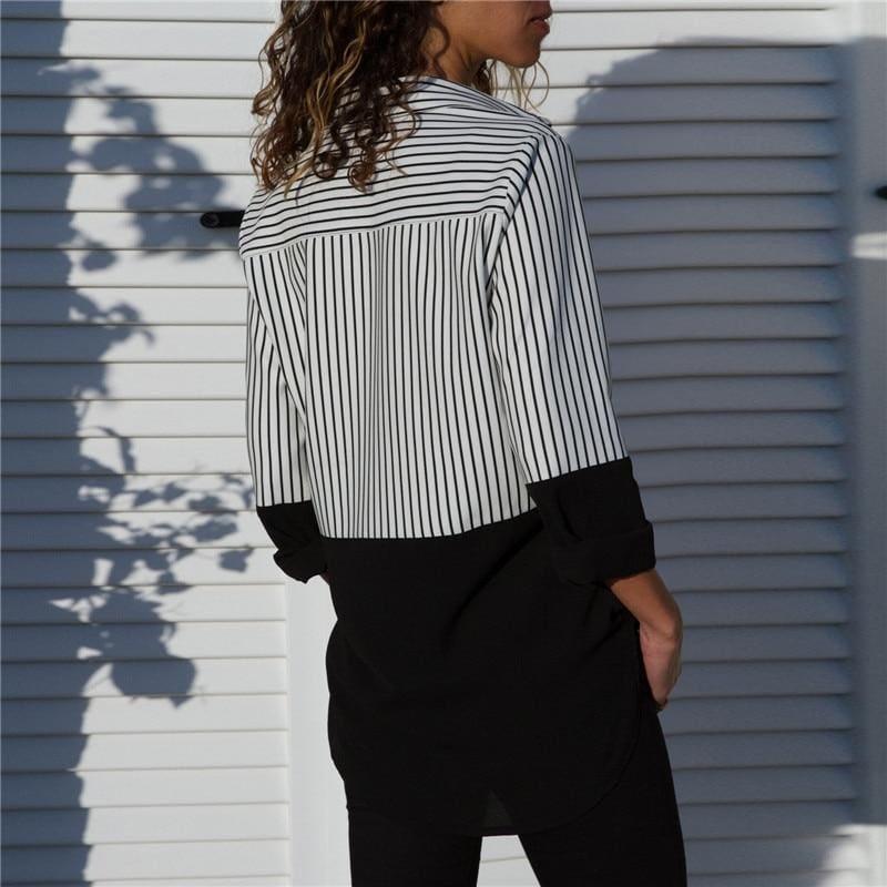 Two Toned Striped Long Sleeve Turn Down Collar Blouse - Long Sleeve