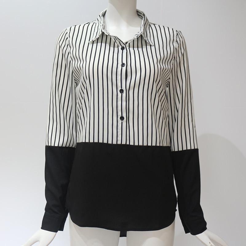 Two Toned Striped Long Sleeve Turn Down Collar Blouse - Long Sleeve