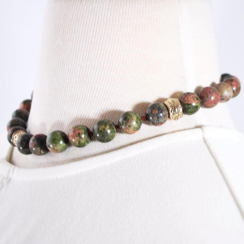 Unakite Jasper Gemstone Beaded Necklace - Handmade