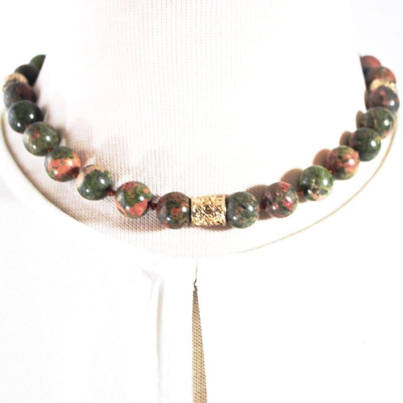 Unakite Jasper Gemstone Beaded Necklace - Handmade