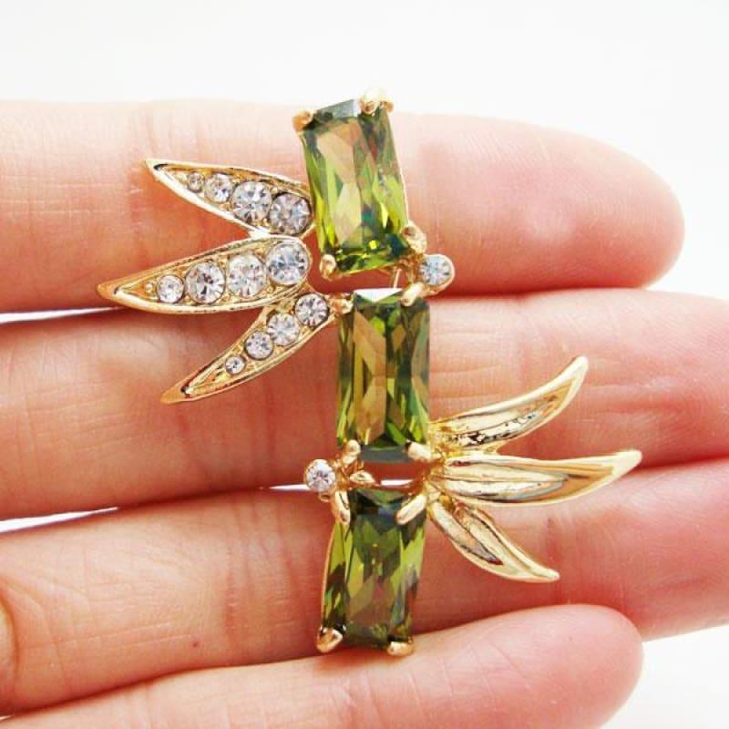 Unique Bamboo Mens Art Nouveau Little Brooch Pin Green Rhinestone Crystal - brooch