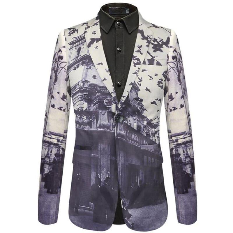 Unique Bird Castle Pattern Italian Style Wedding Prom Mens Blazers Jacket - Black / XXXL - Mens Jackets