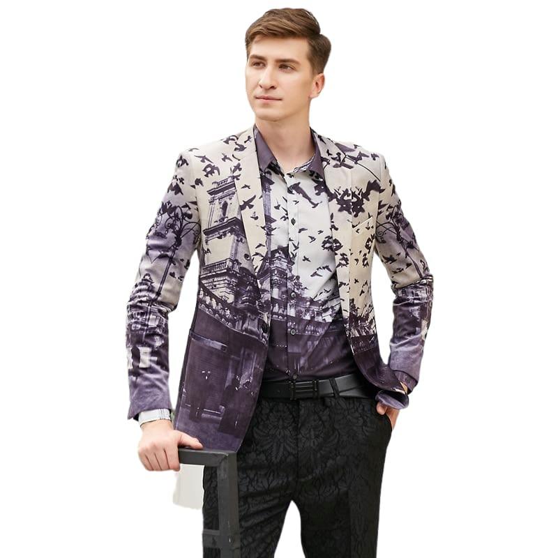 Unique Bird Castle Pattern Italian Style Wedding Prom Mens Blazers Jacket - Mens Jackets