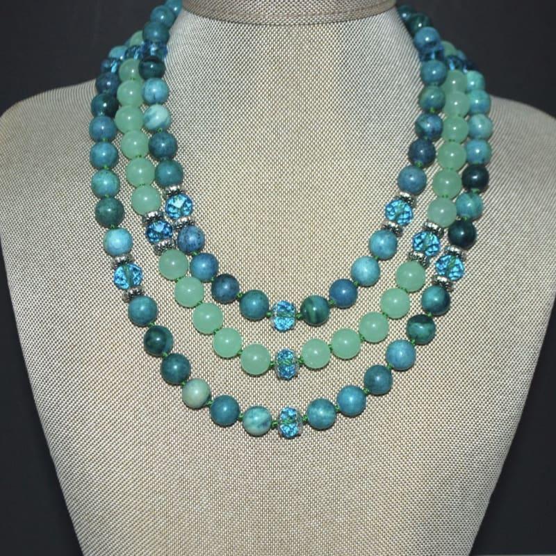 Unique Crazy LaceGreen Jade Three Strands Necklace - Handmade