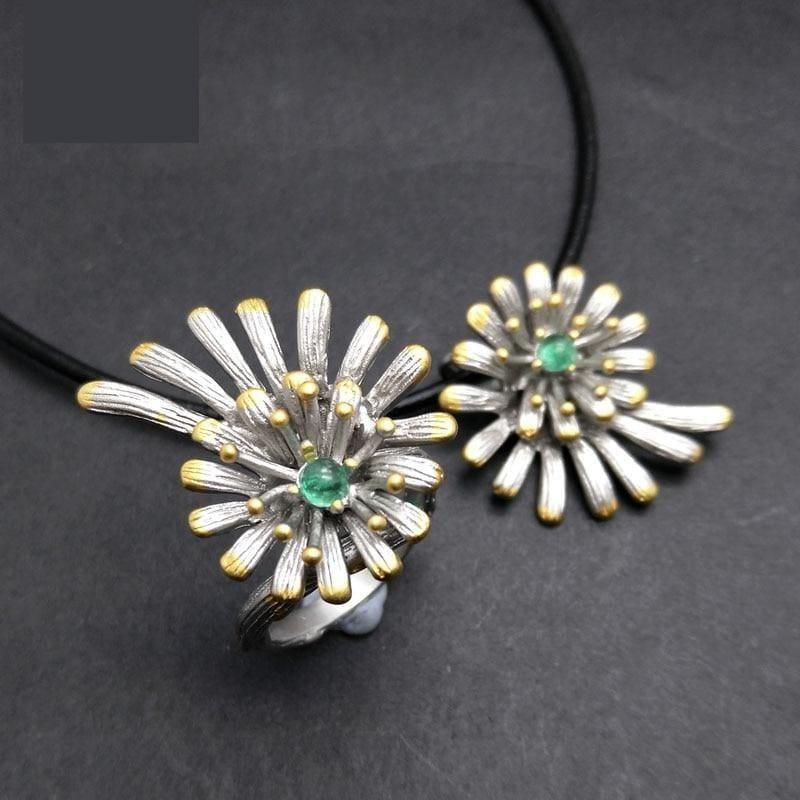 Unique eyes catching Flower Design Emerald Pendant Ring Jewelry Set - jewelry set