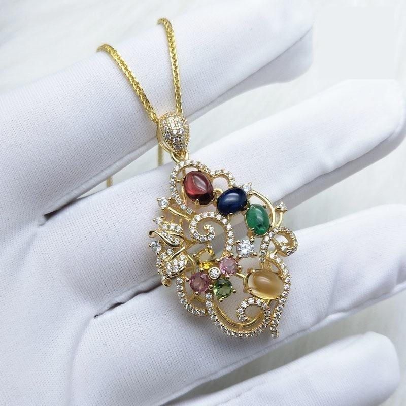 Unique Flower Pendant with Natural Tourmaline and Emerald Sapphire Garnet Citrine Necklace - Necklace