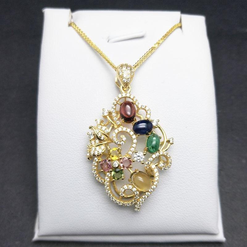 Unique Flower Pendant with Natural Tourmaline and Emerald Sapphire Garnet Citrine Necklace - Necklace