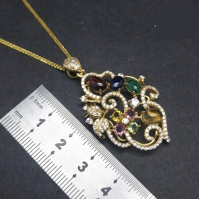 Unique Flower Pendant with Natural Tourmaline and Emerald Sapphire Garnet Citrine Necklace - Necklace