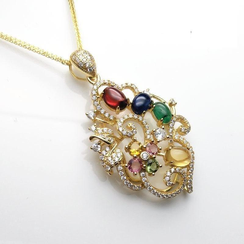 Unique Flower Pendant with Natural Tourmaline and Emerald Sapphire Garnet Citrine Necklace - Necklace