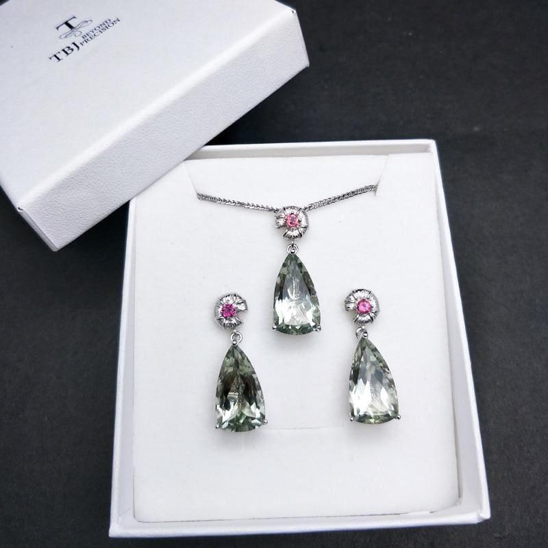 Unique Green Amethyst and Tourmaline 925 Silver Pendant and Earring Jewelry set - Jewelry set