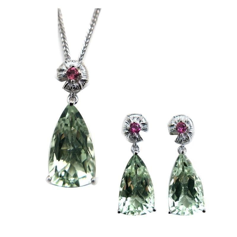 Unique Green Amethyst and Tourmaline 925 Silver Pendant and Earring Jewelry set - Jewelry set