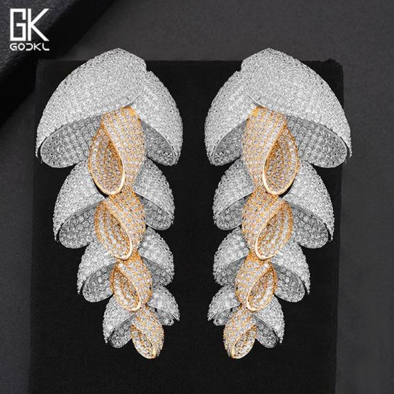 Unique Luxury Feather Leaf Long Dangle Zircon Crystal Dubai Silver Earrings - Bicolor - Earrings