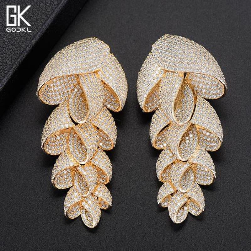 Unique Luxury Feather Leaf Long Dangle Zircon Crystal Dubai Silver Earrings - Gold - Earrings