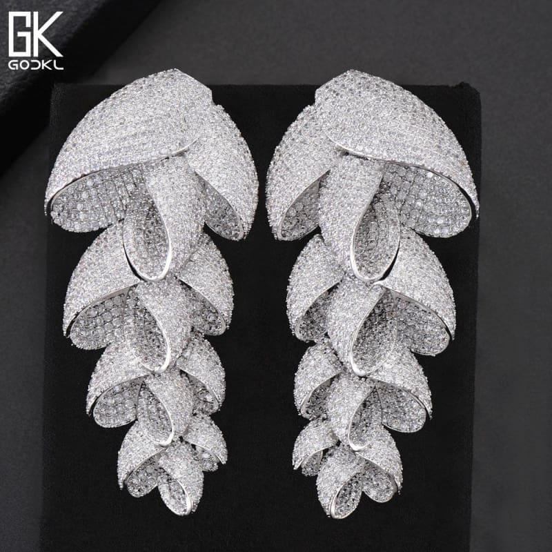 Unique Luxury Feather Leaf Long Dangle Zircon Crystal Dubai Silver Earrings - Earrings