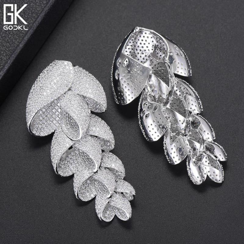 Unique Luxury Feather Leaf Long Dangle Zircon Crystal Dubai Silver Earrings - Earrings