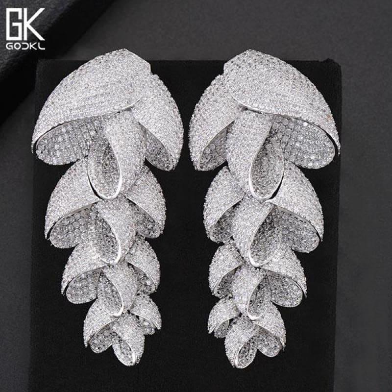 Unique Luxury Feather Leaf Long Dangle Zircon Crystal Dubai Silver Earrings - Silver - Earrings