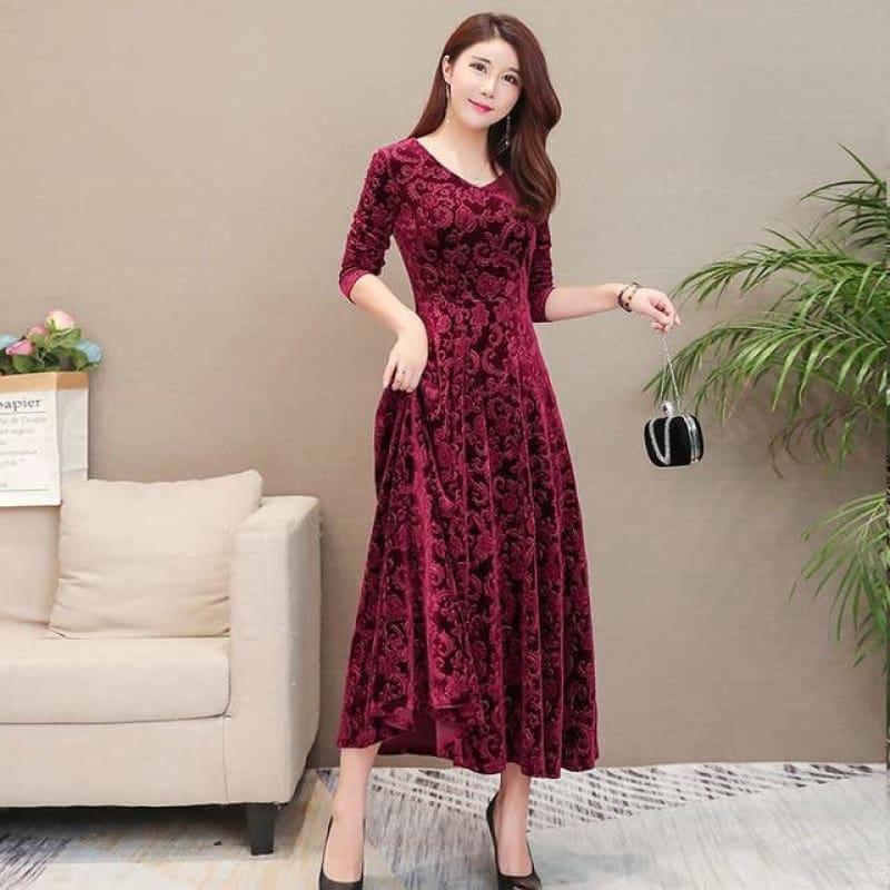 V-Neck Gold Velvet Elegant Long Sleeve Maxi Dress - wine red / S - maxi dress